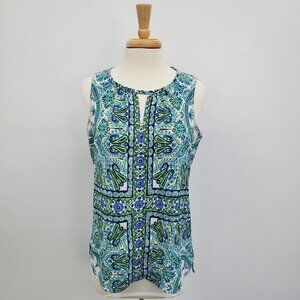 Rose + Olive Womens Keyhole Neck Blouse Size M Blue Green Paisley Sleeveless